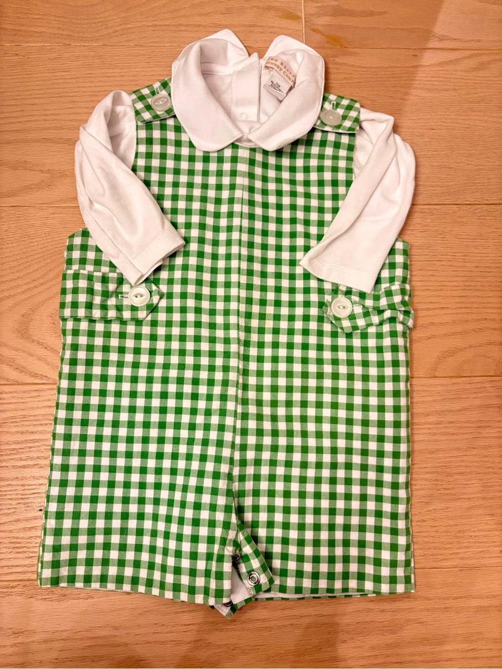 The Beaufort Bonnet Company Green and White Gingham Romper with White Collar